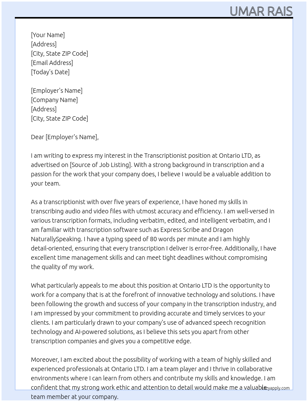 Transcriptionist At Ontario LTD Cover Letter