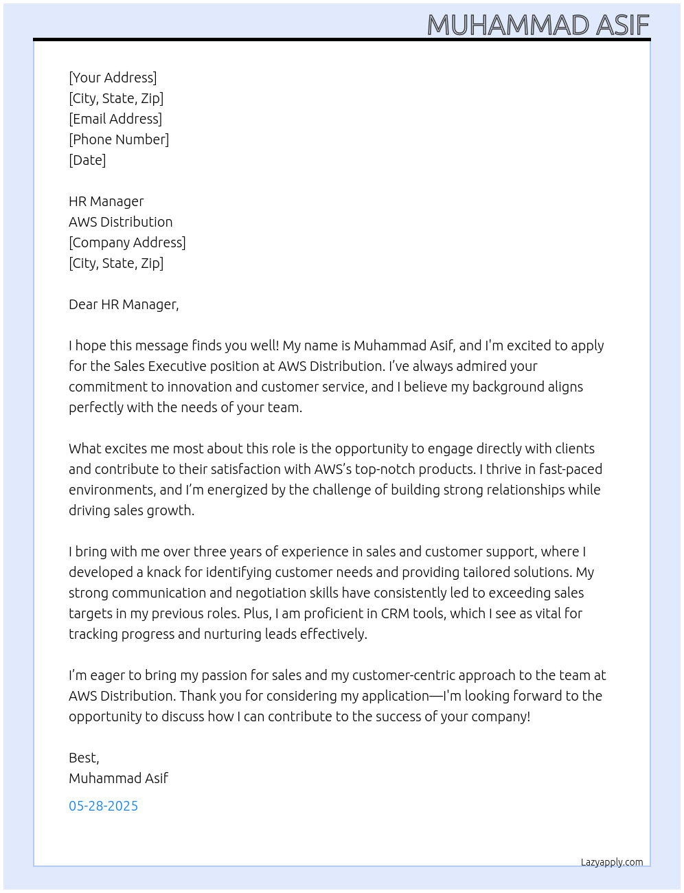 Sales Executive At AWS Distribution Cover Letter