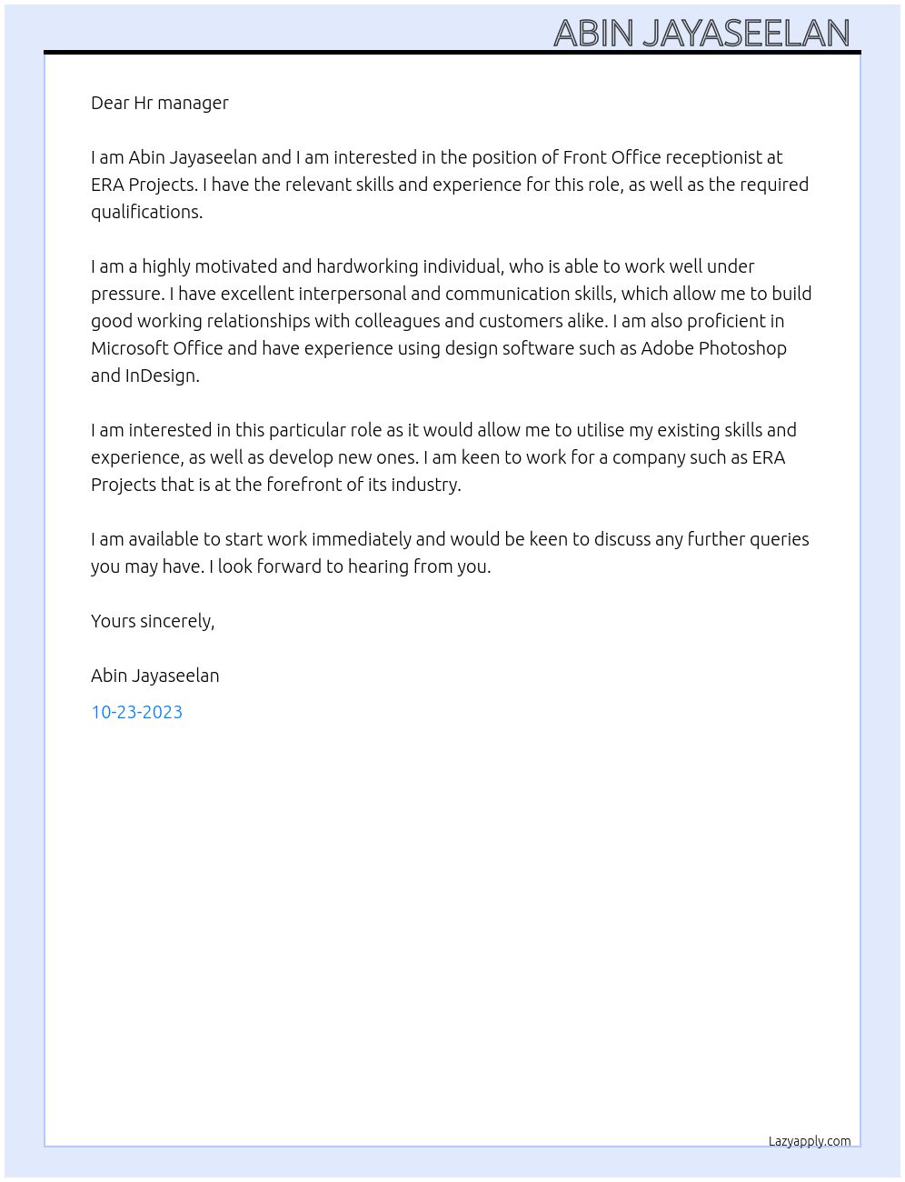 Front Office receptionist At ERA Projects Cover Letter