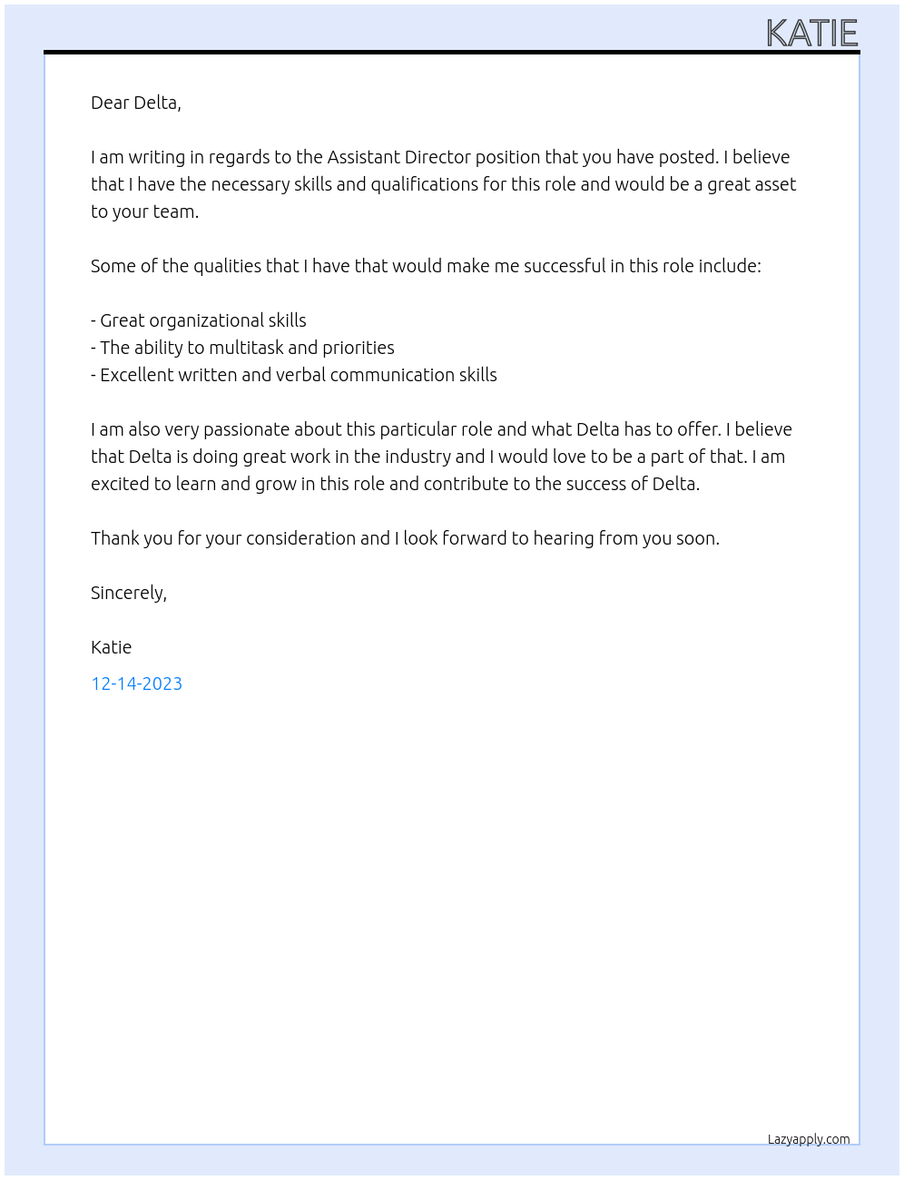 Assistant Director At Delta Cover Letter