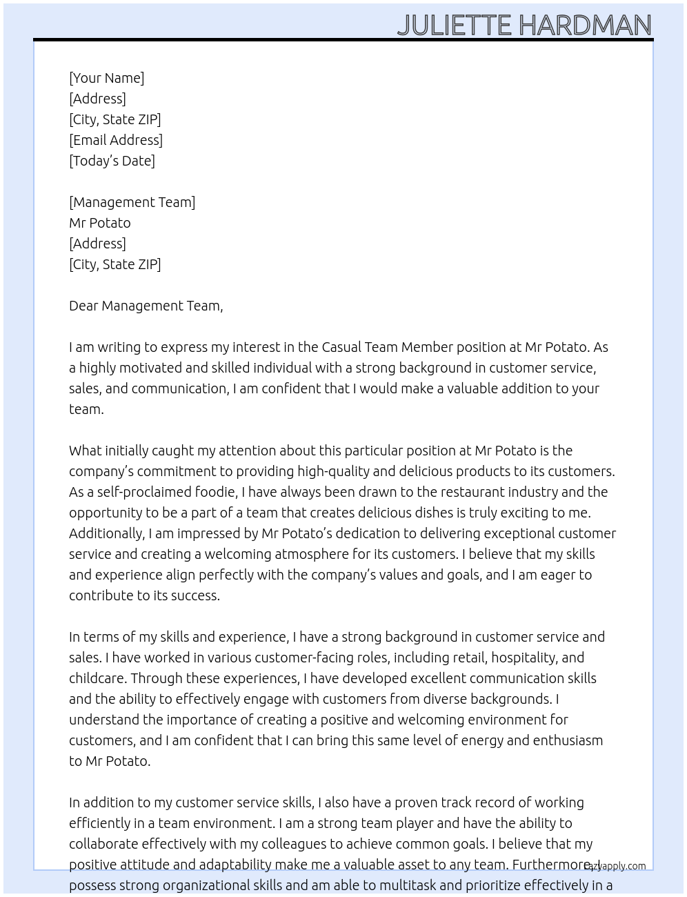 Casual Team Member At Mr Potato Cover Letter