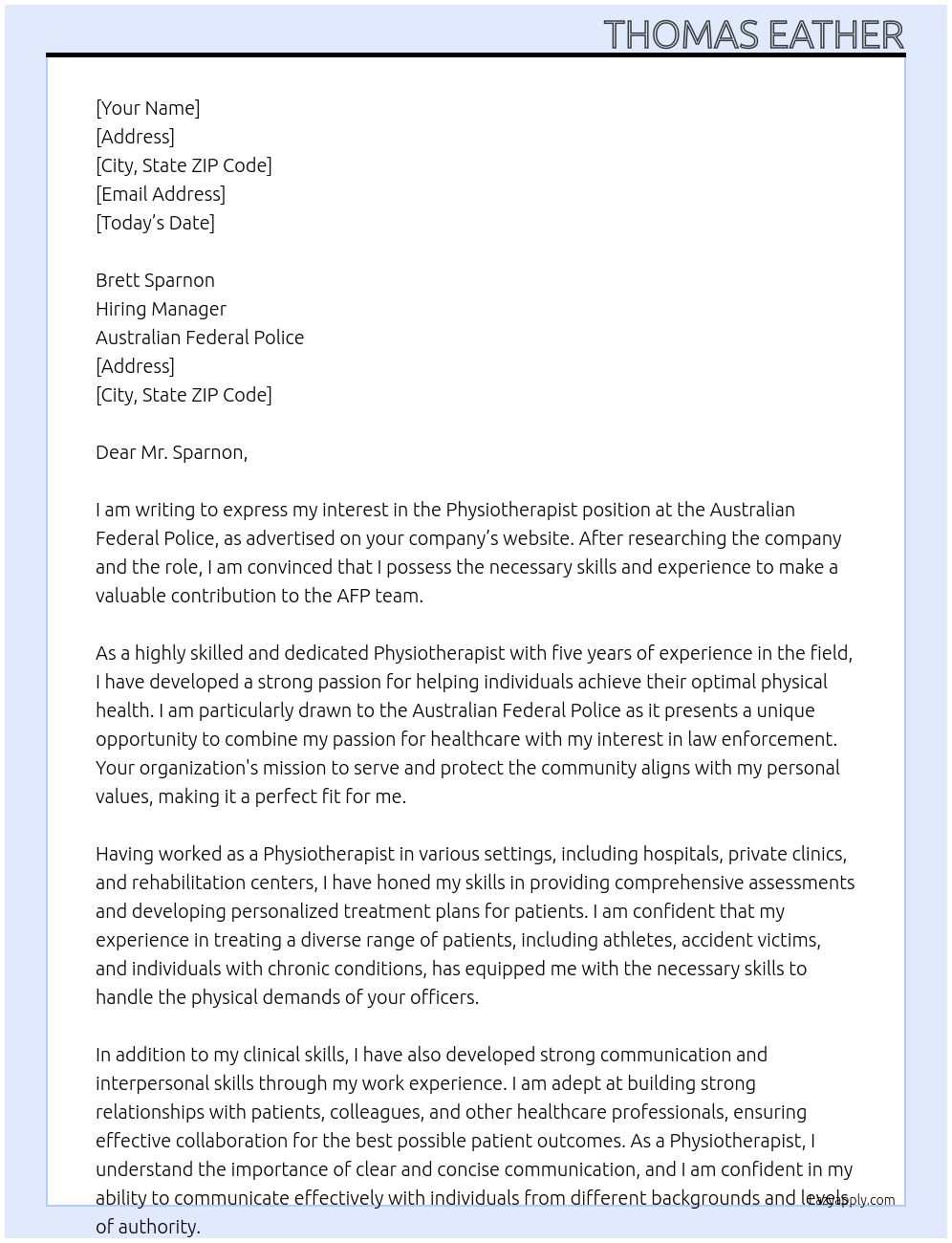 Physiotherapist At Australian Federal Police Cover Letter