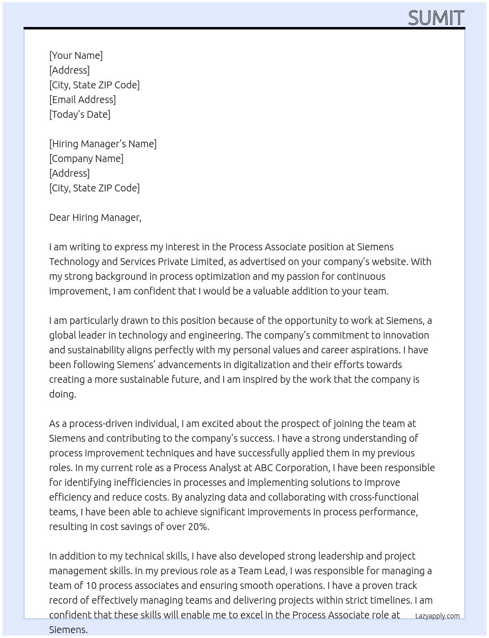 Process Associate At Siemens Technology and Services Private Limited Cover Letter