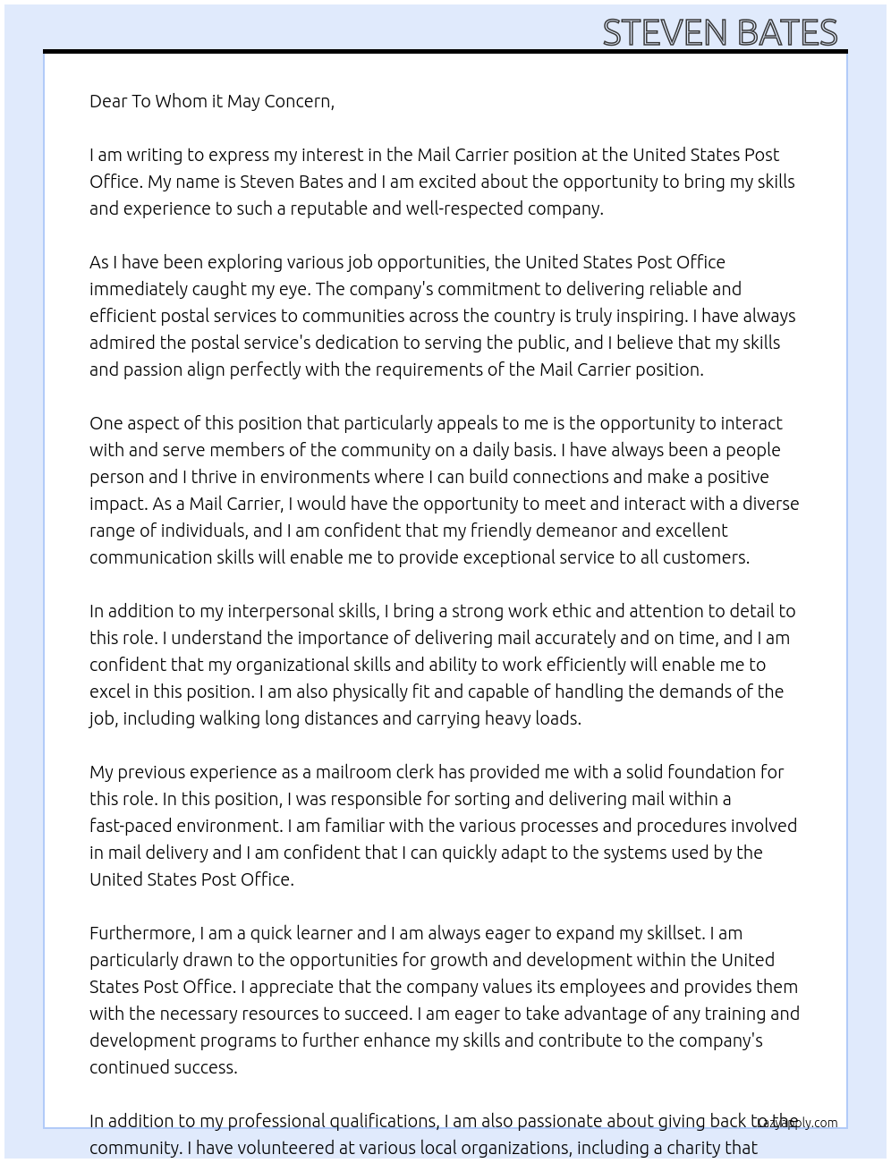 Mail Carrier At United States Post Office Cover Letter