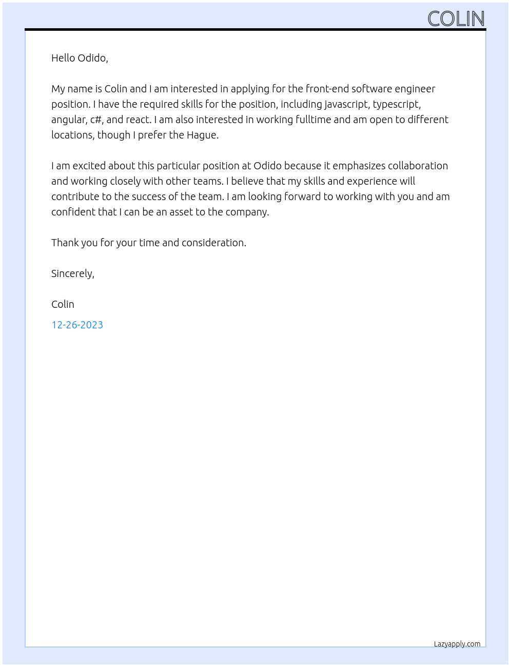 front-end software engineer At Odido Cover Letter