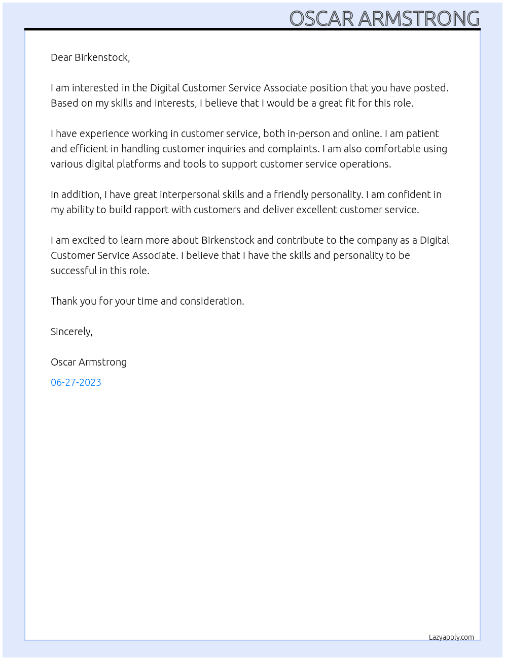 Digital Customer Service Associate At Birkenstock Cover Letter