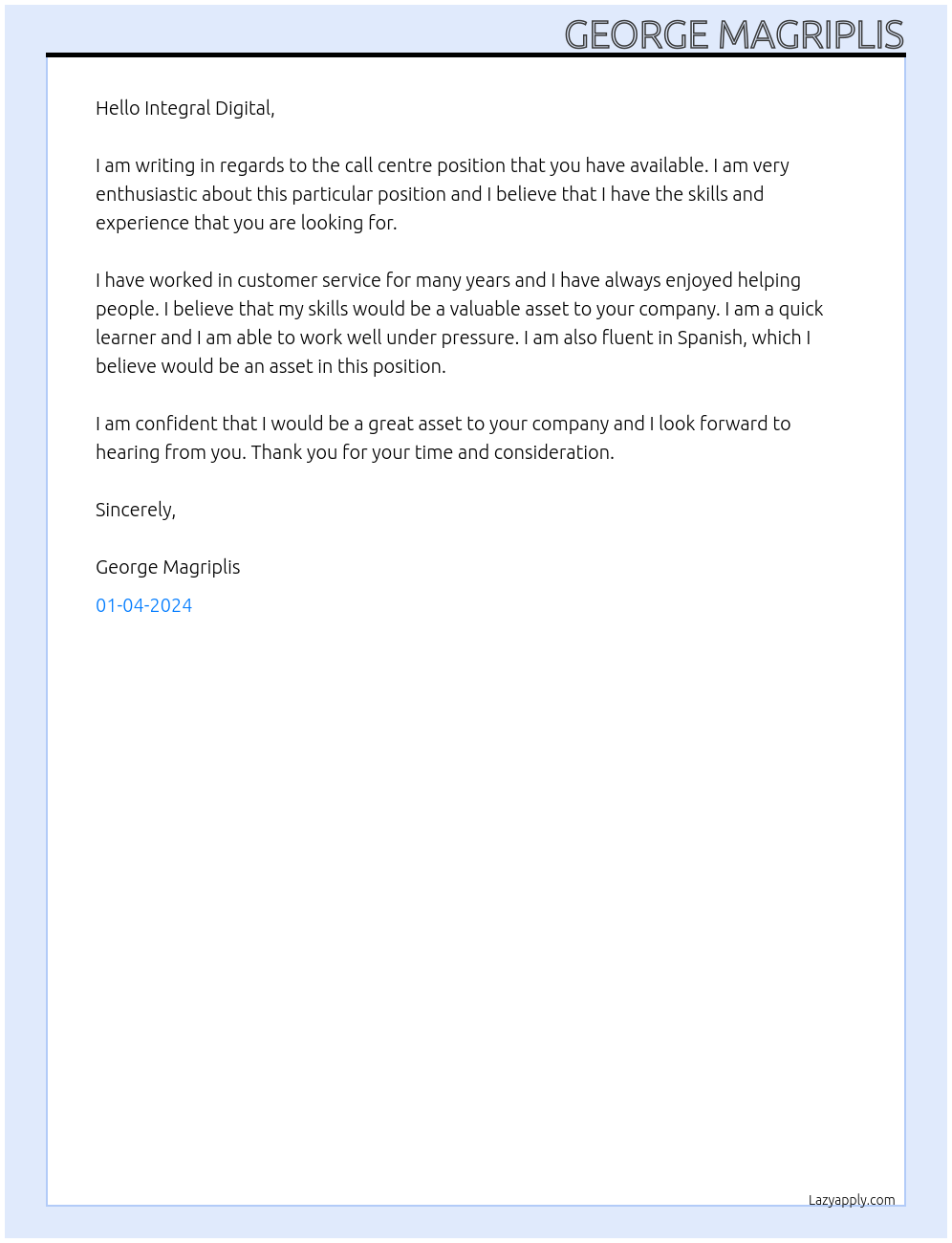 call centre At Integral Digital Cover Letter