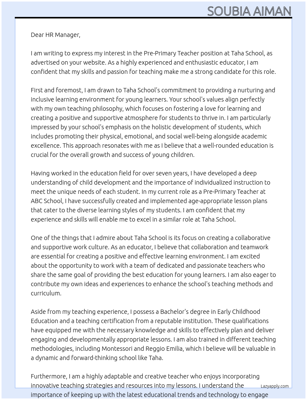 Pre-Primary Teacher  At Taha School  Cover Letter