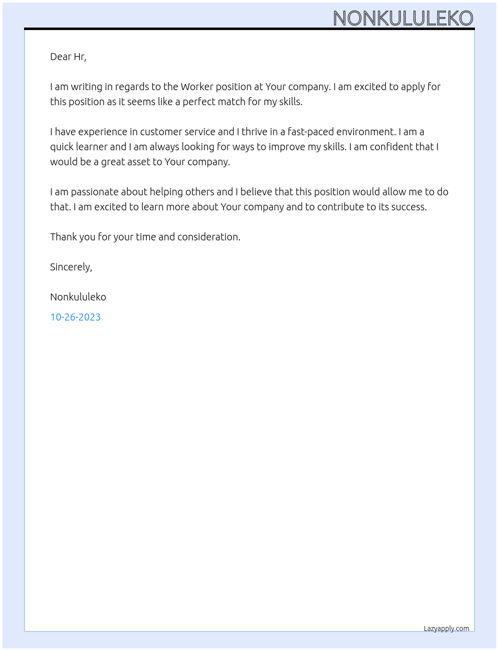 Worker At Your company Cover Letter