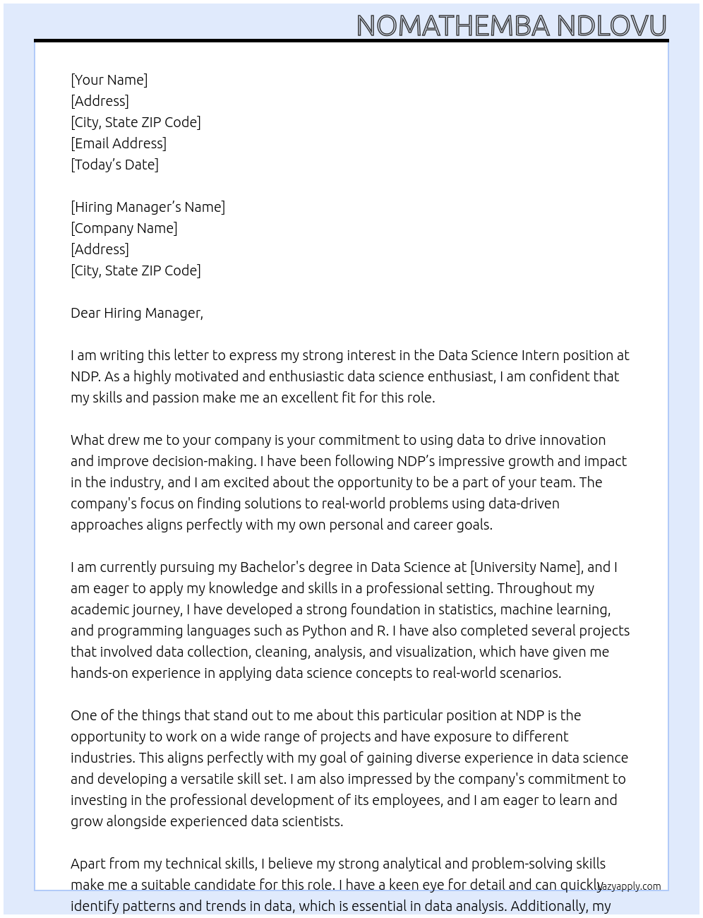 Data Science Intern At NDP Cover Letter