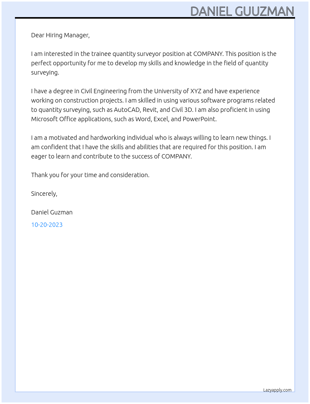 Trainee Quantity Surveyor At COMPANY Cover Letter