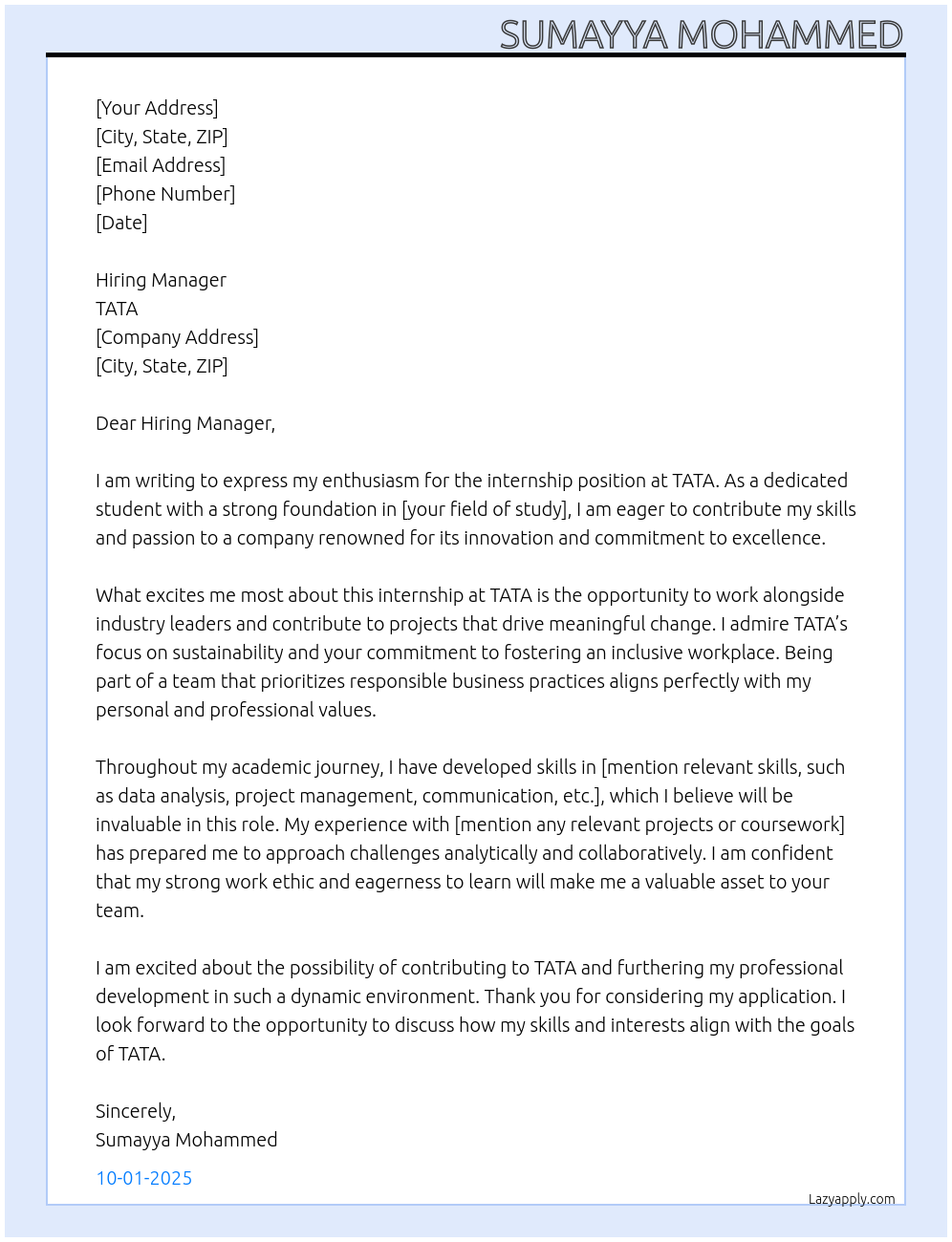 internship at TATA At TATA Cover Letter