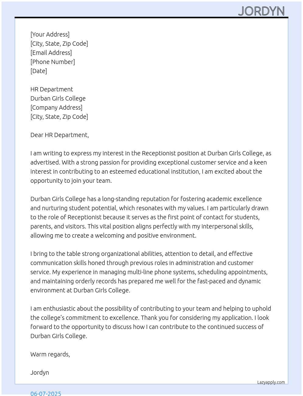 Receptionist At Durban Girls College Cover Letter