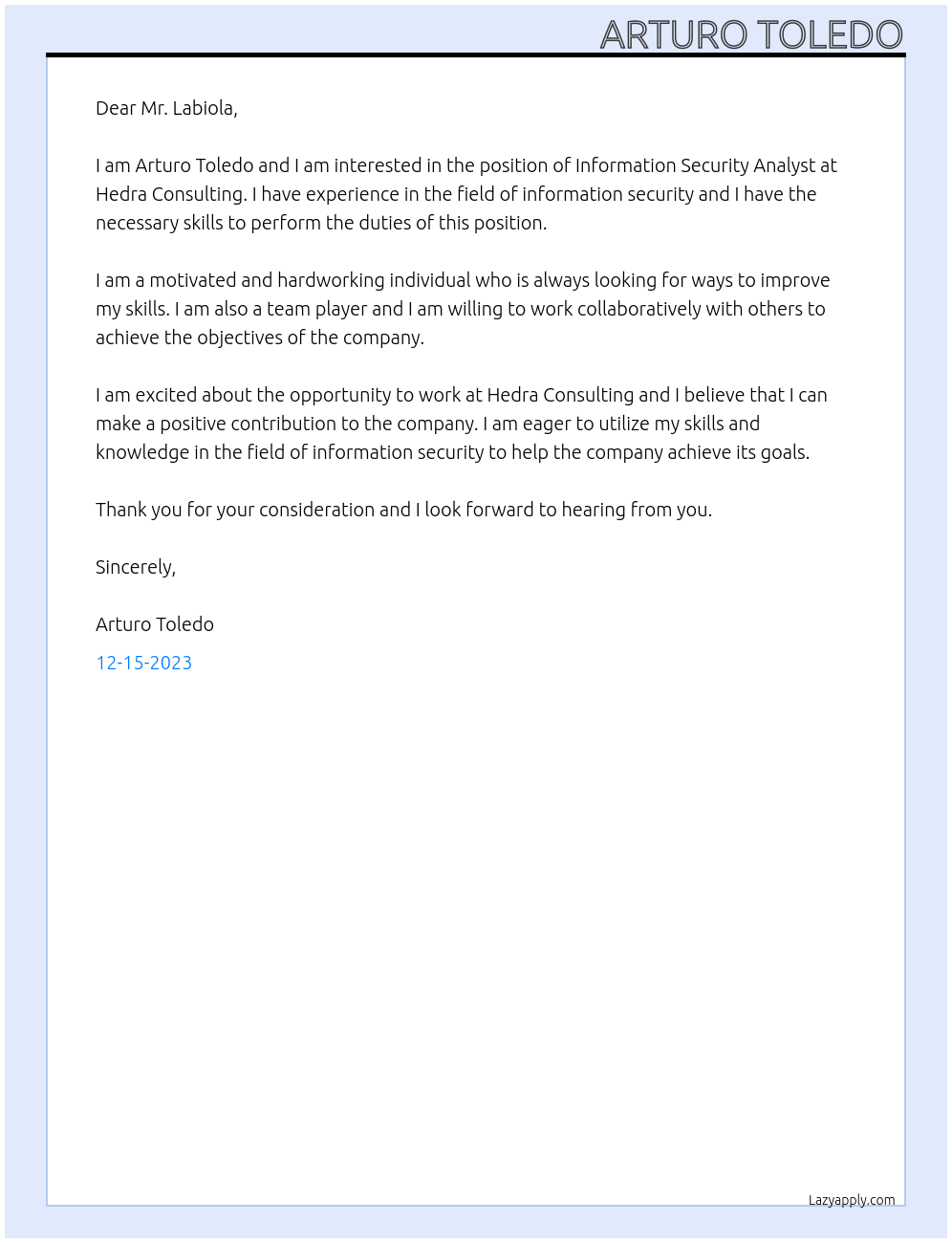 Information Security Analyst At Hedra Consulting Cover Letter