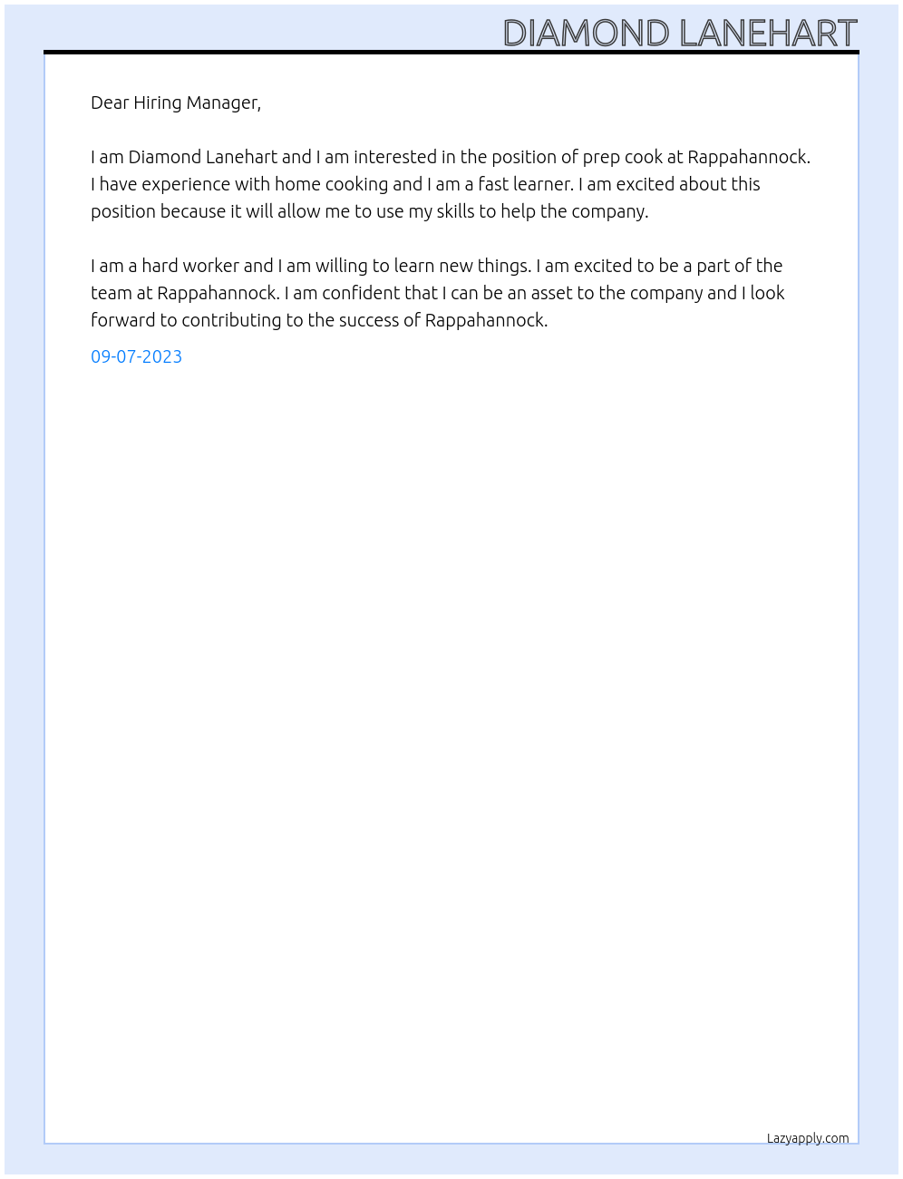 Prep cook At Rappahannock Cover Letter