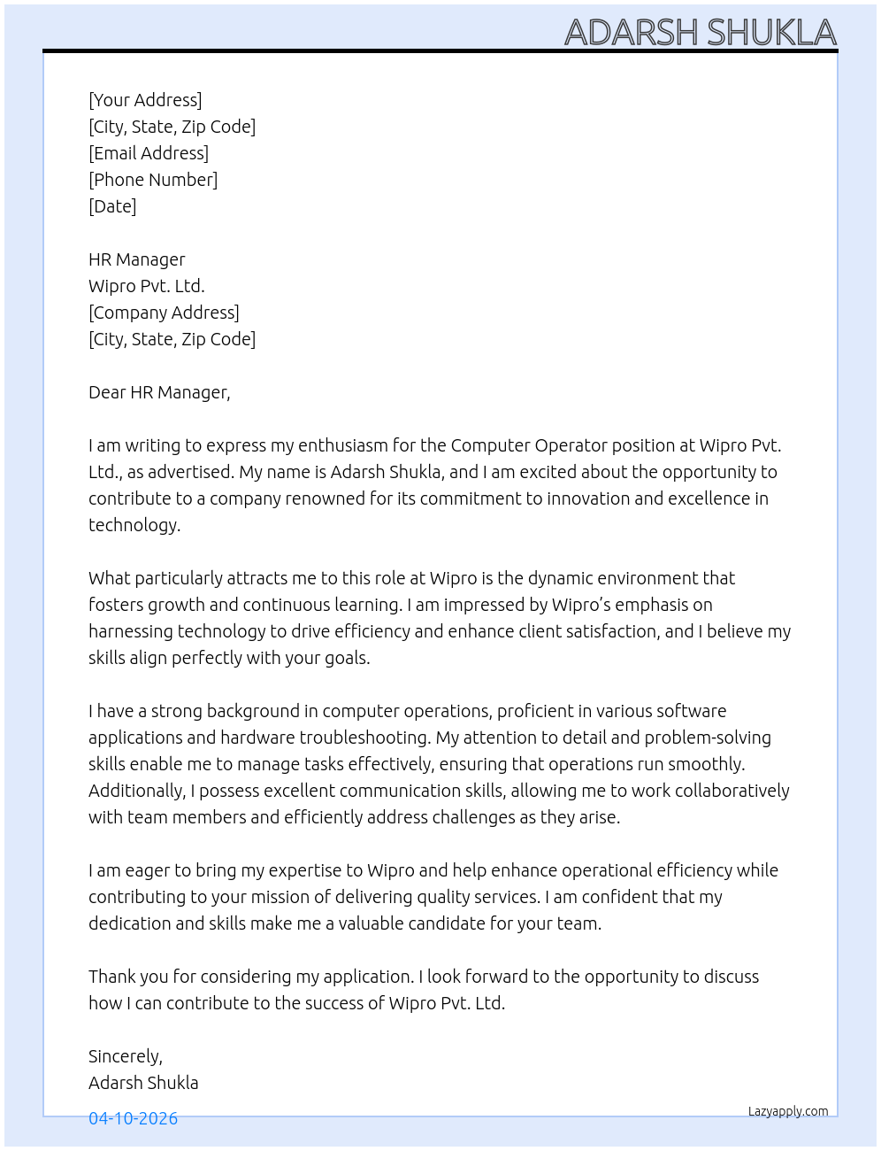 Cover letter for computer operator - LazyApply
