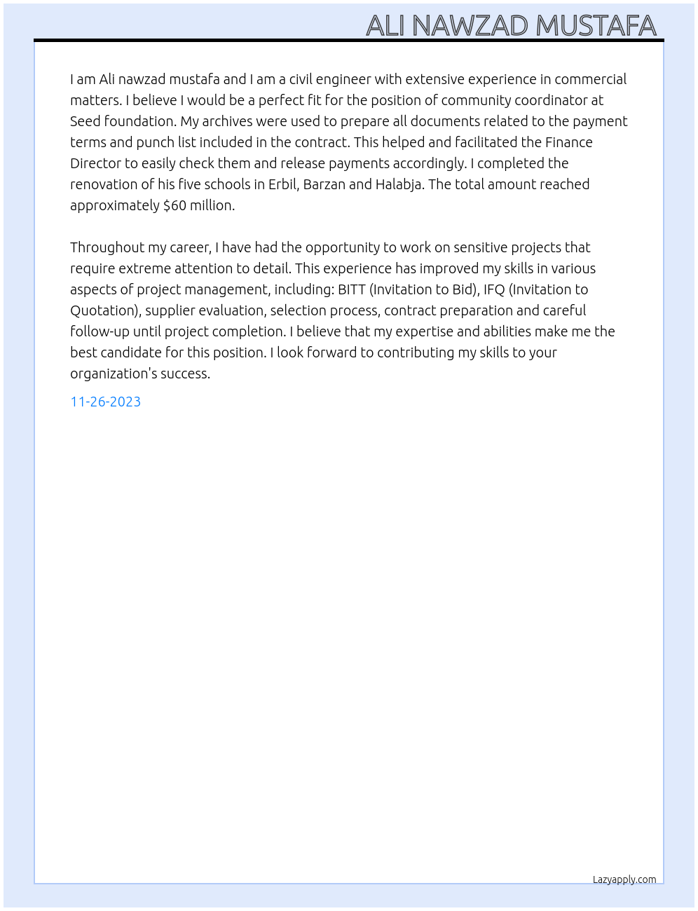 Community coordinator  At Seed foundation  Cover Letter