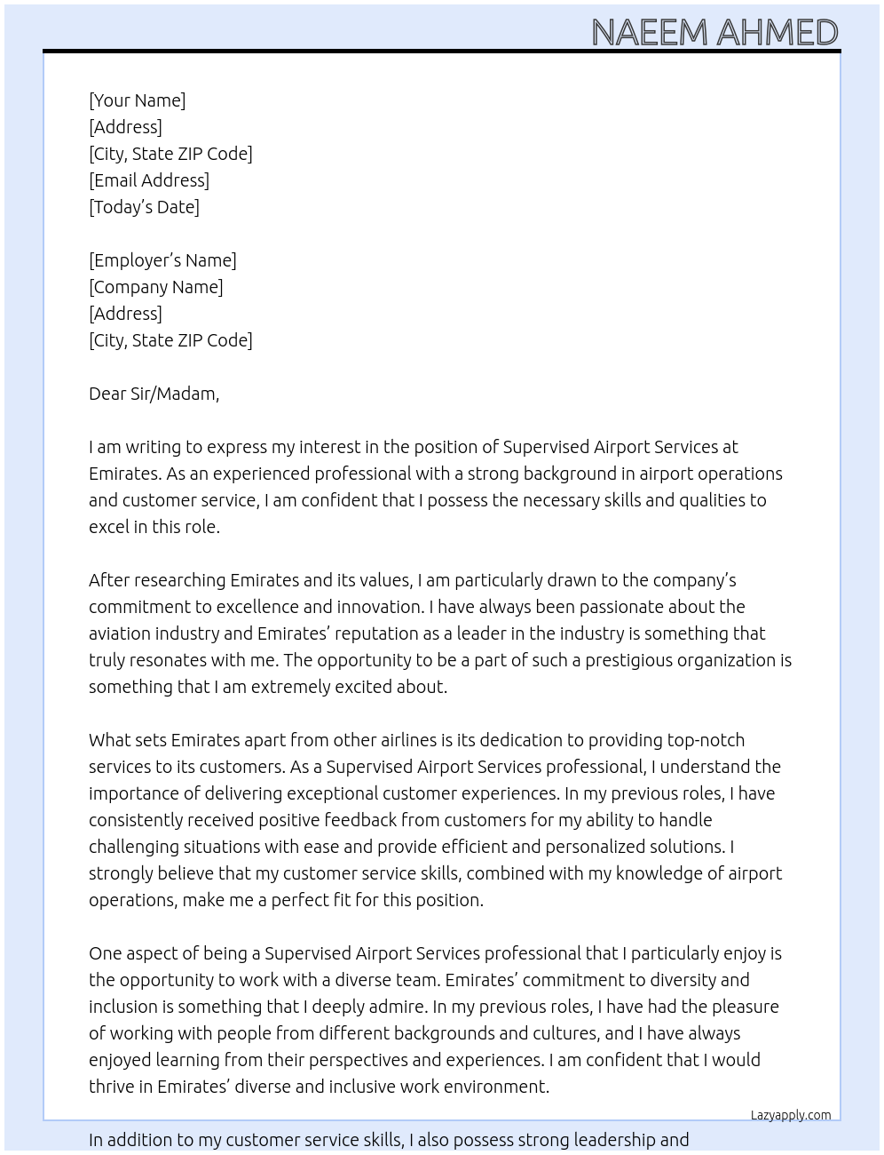Cover letter for supervised airport services - LazyApply