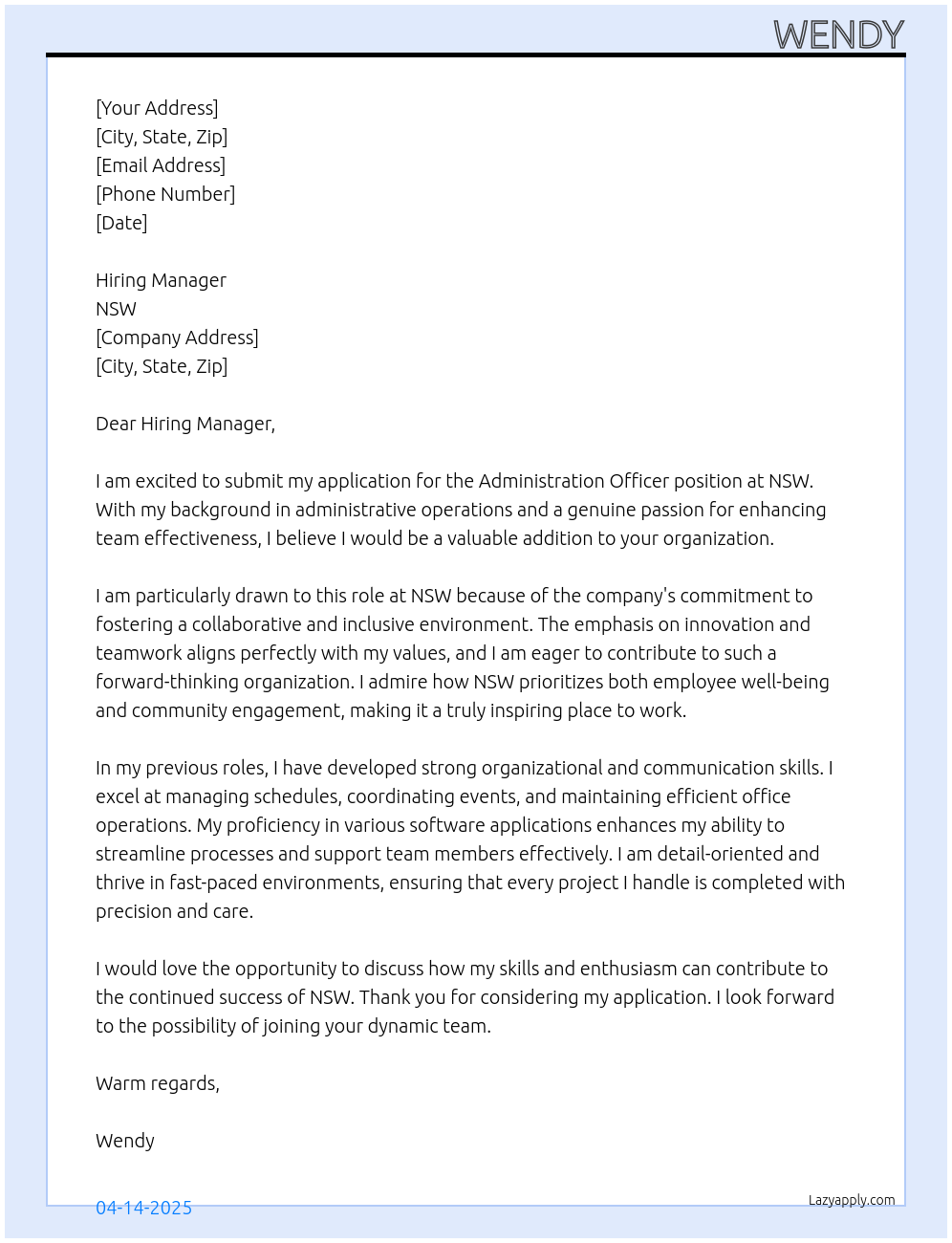 administration officer At NSW Cover Letter