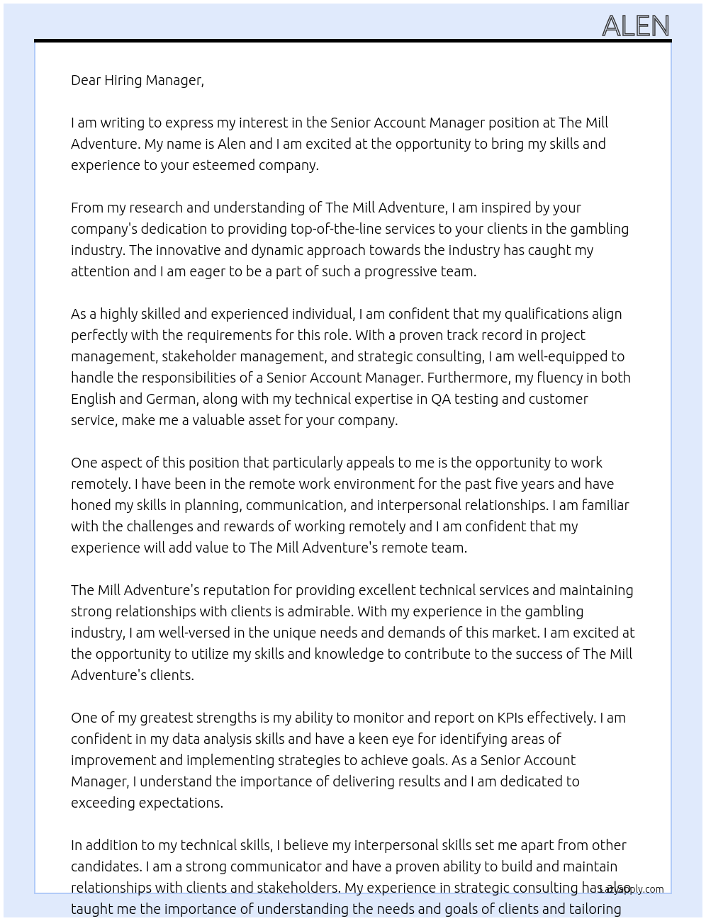 Senior Account Manager At The MiIl Adventure Cover Letter