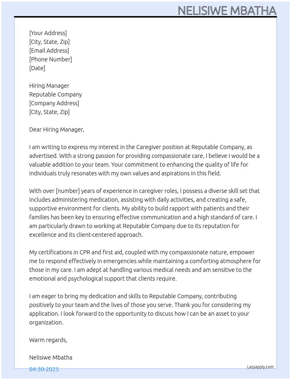 Caregiver At Reputable Company Cover Letter