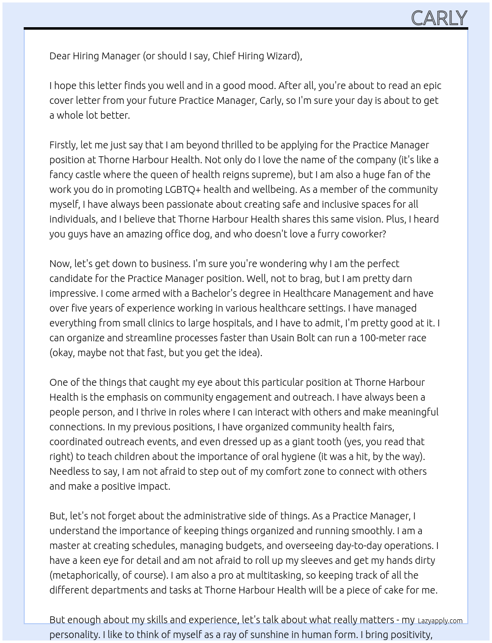 Practice manager At Thorne harbour Health Cover Letter