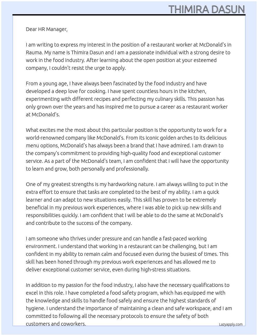 restaurant worker At MAcdonald's Cover Letter