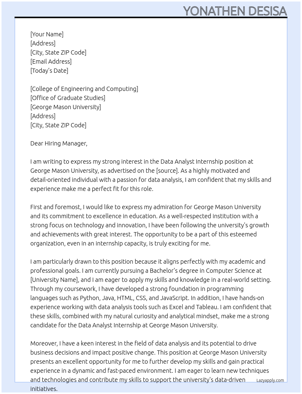 Data Analyst Internship At George Mason University Cover Letter