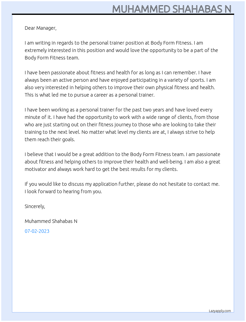 Personal Trainer At Body Form Fitness Cover Letter