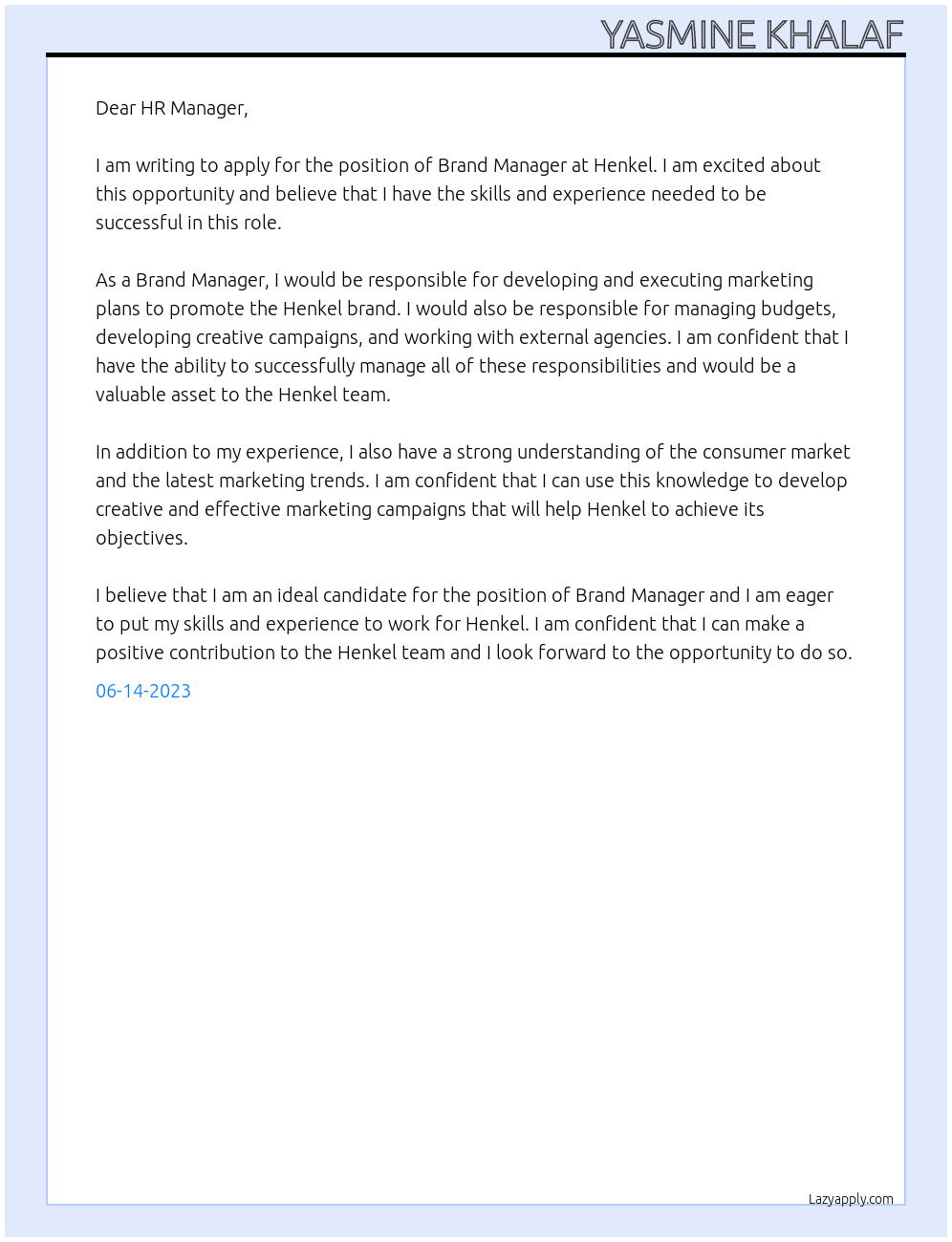 Brand Manager At Henkel Cover Letter