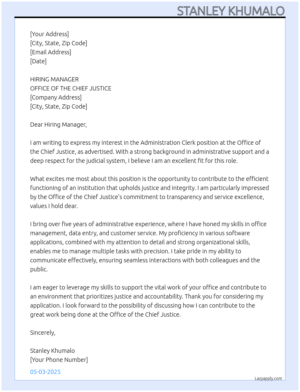 administration clerk At OFFICE OF THE CHIEF JUSTICE Cover Letter