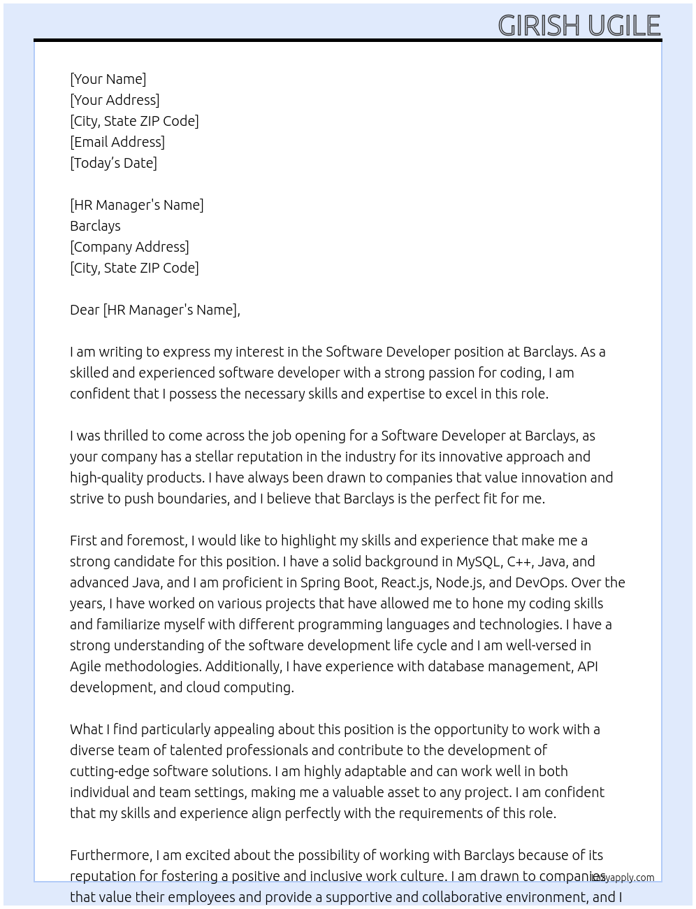 Software Devloper At Barclays Cover Letter