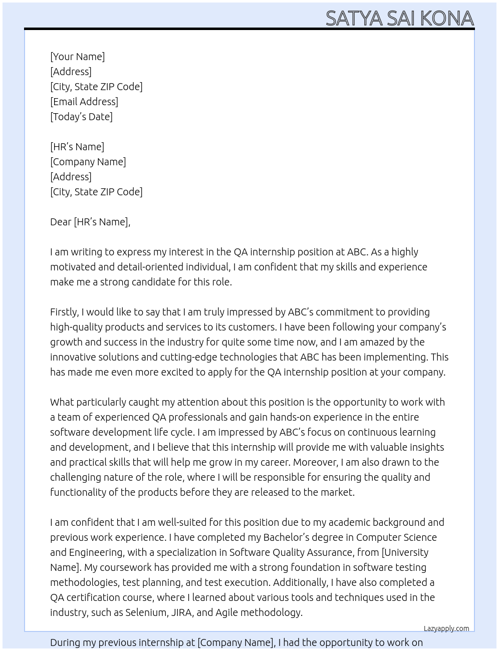 QA internship At abc Cover Letter