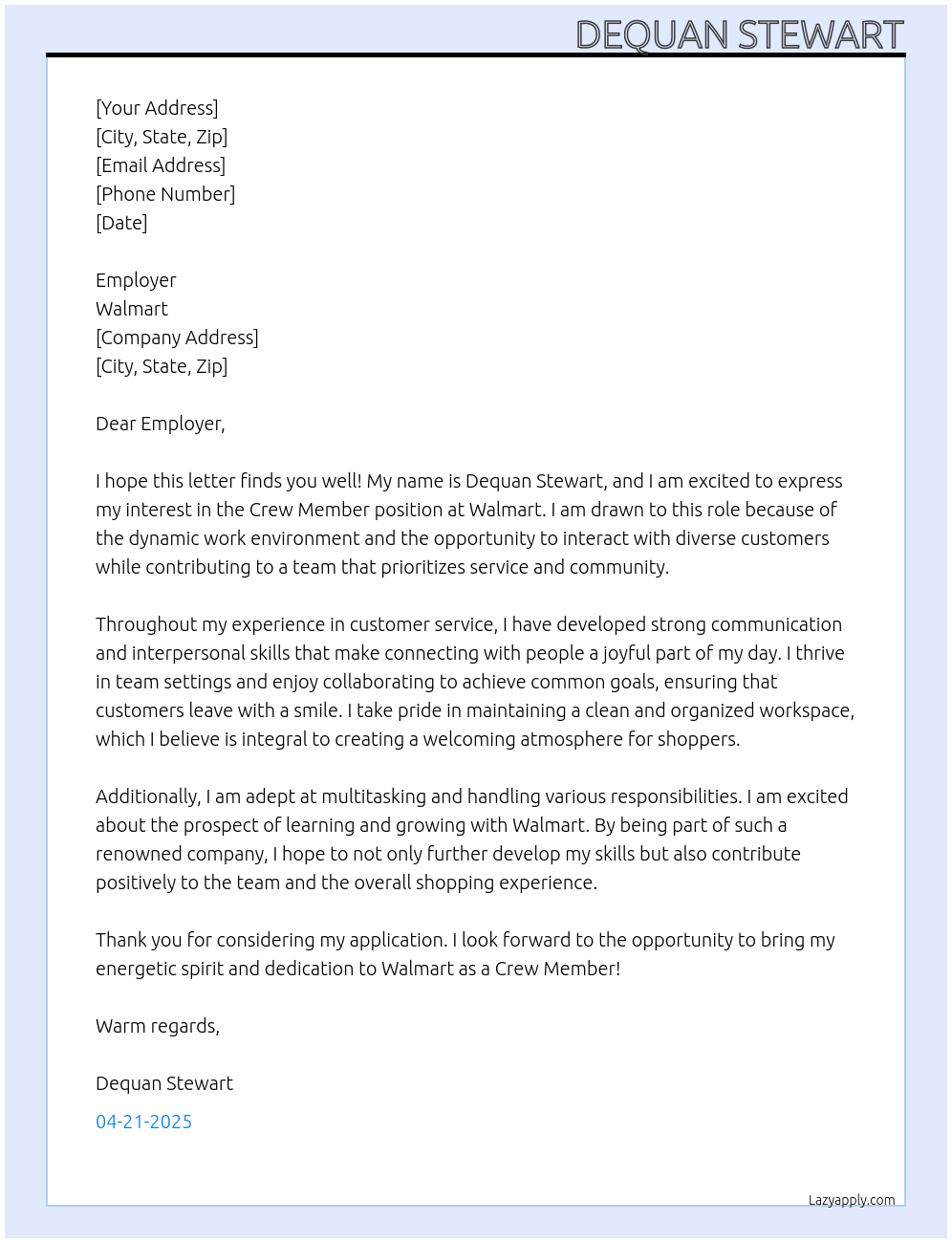 Crew member At Walmart Cover Letter