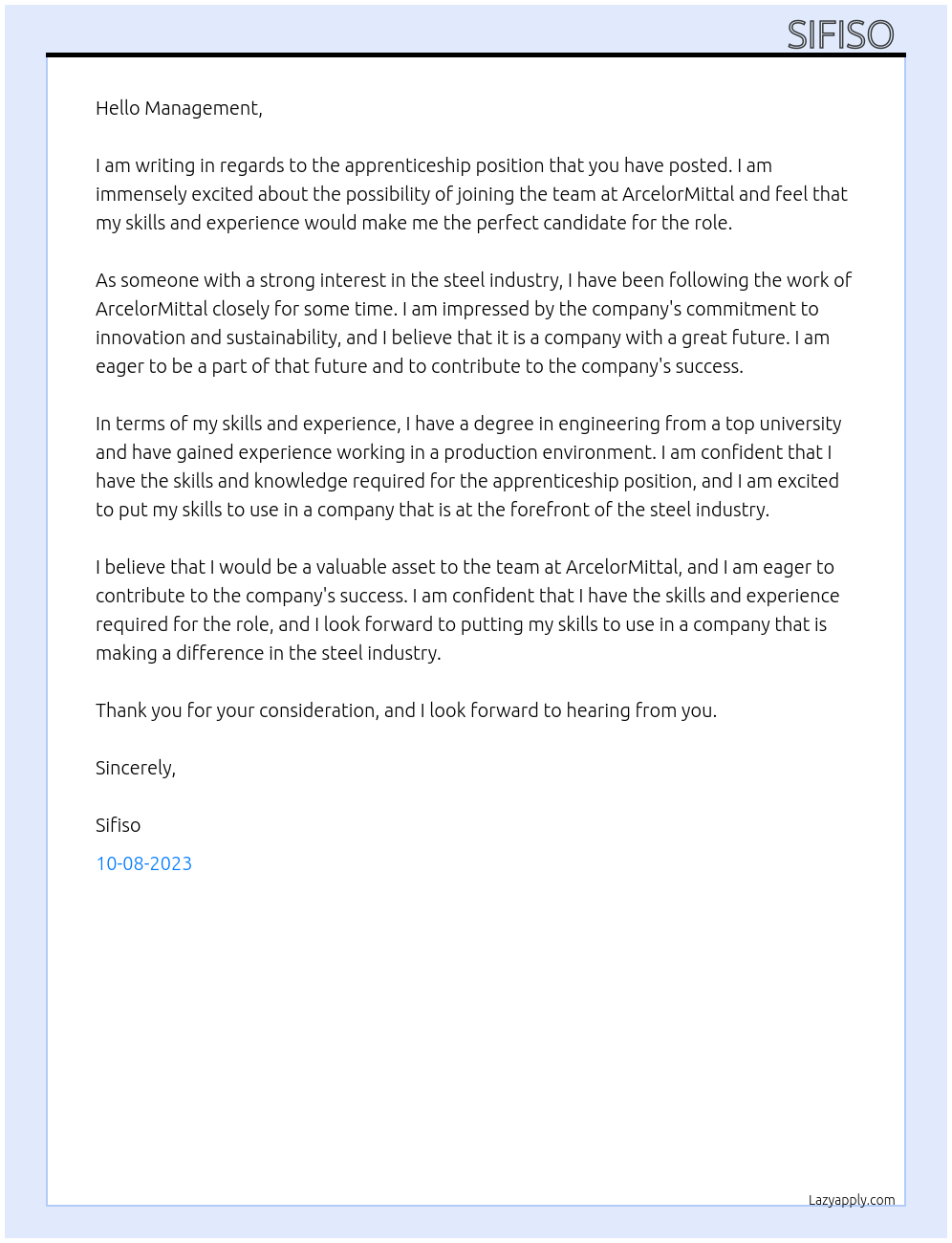 Apprenticeship At ArcelorMittal Cover Letter