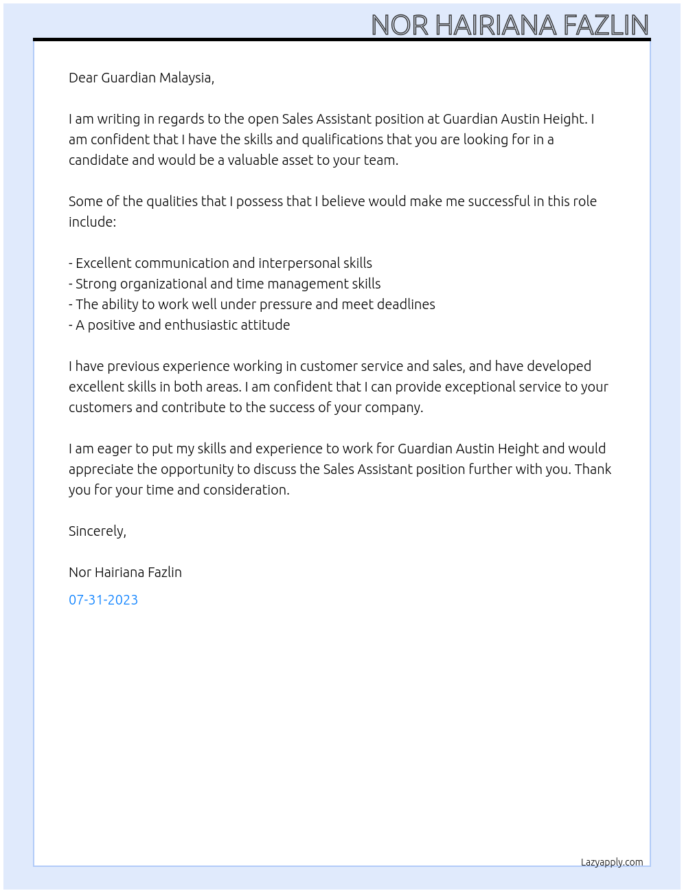 sale assistant At Guardian Malaysia Cover Letter