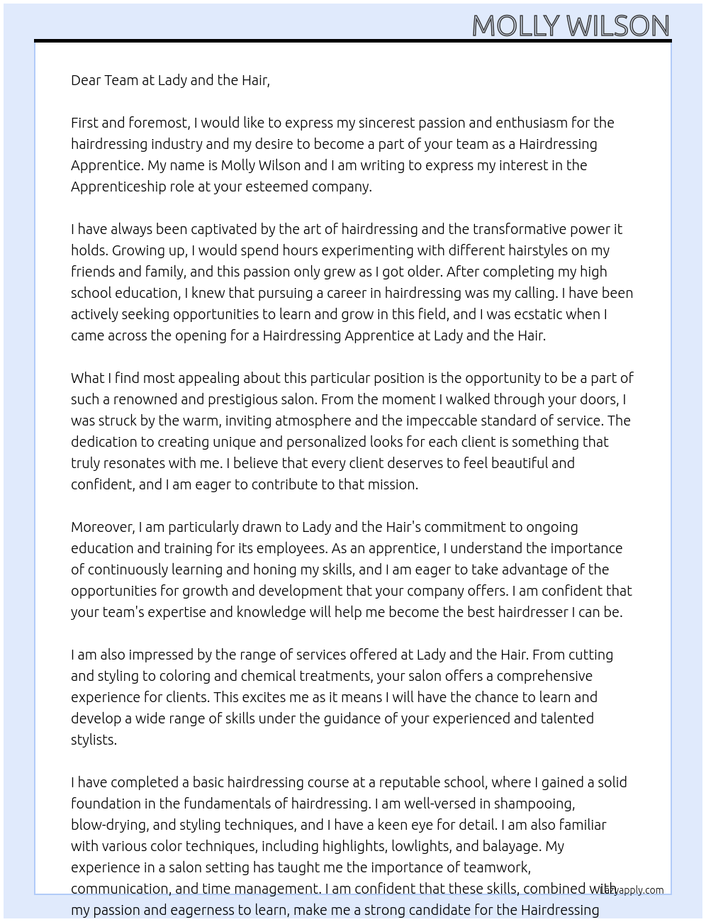 Hairdressing apprentice At Lady and the hair Cover Letter
