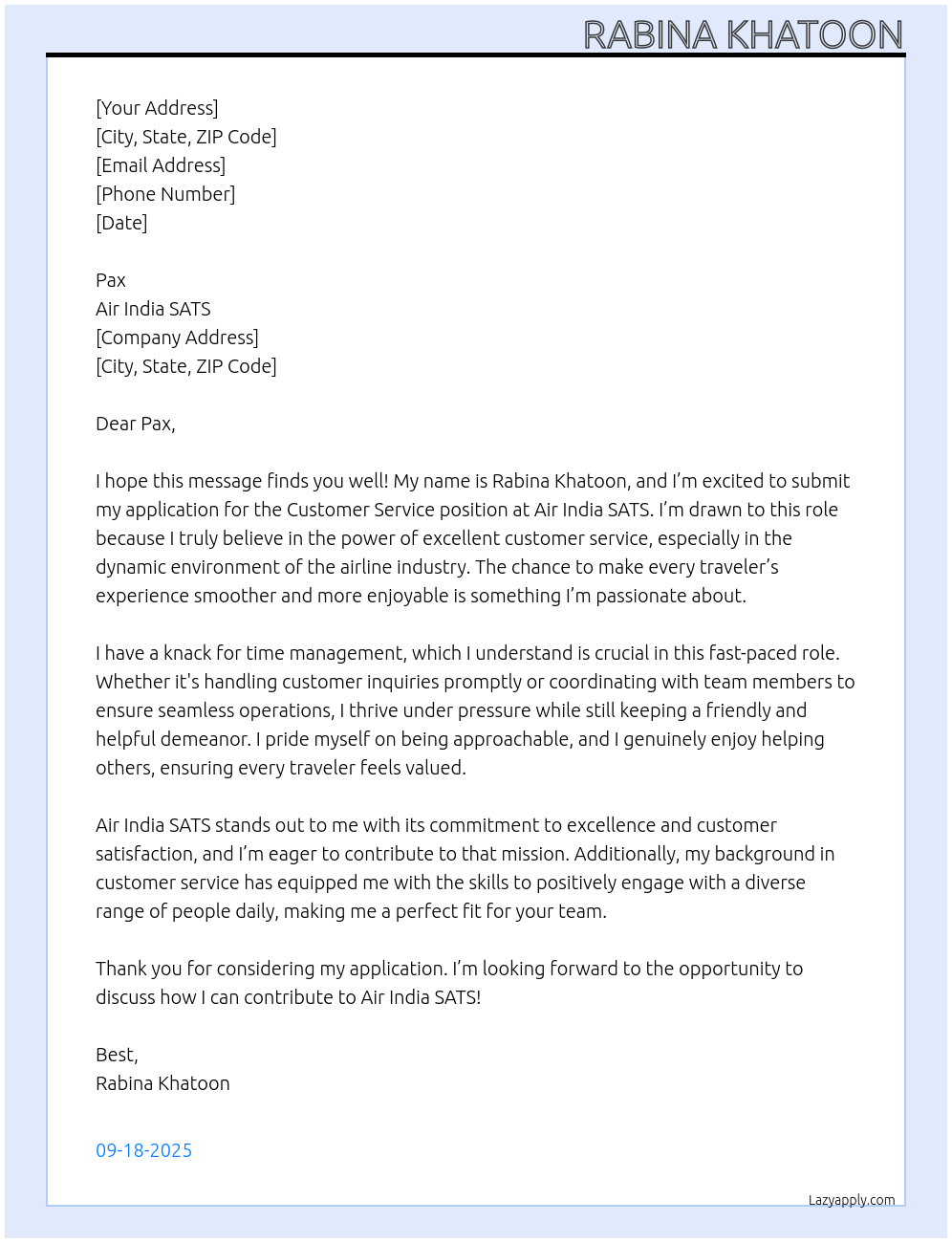 Customer service educated At Air India sats  Cover Letter