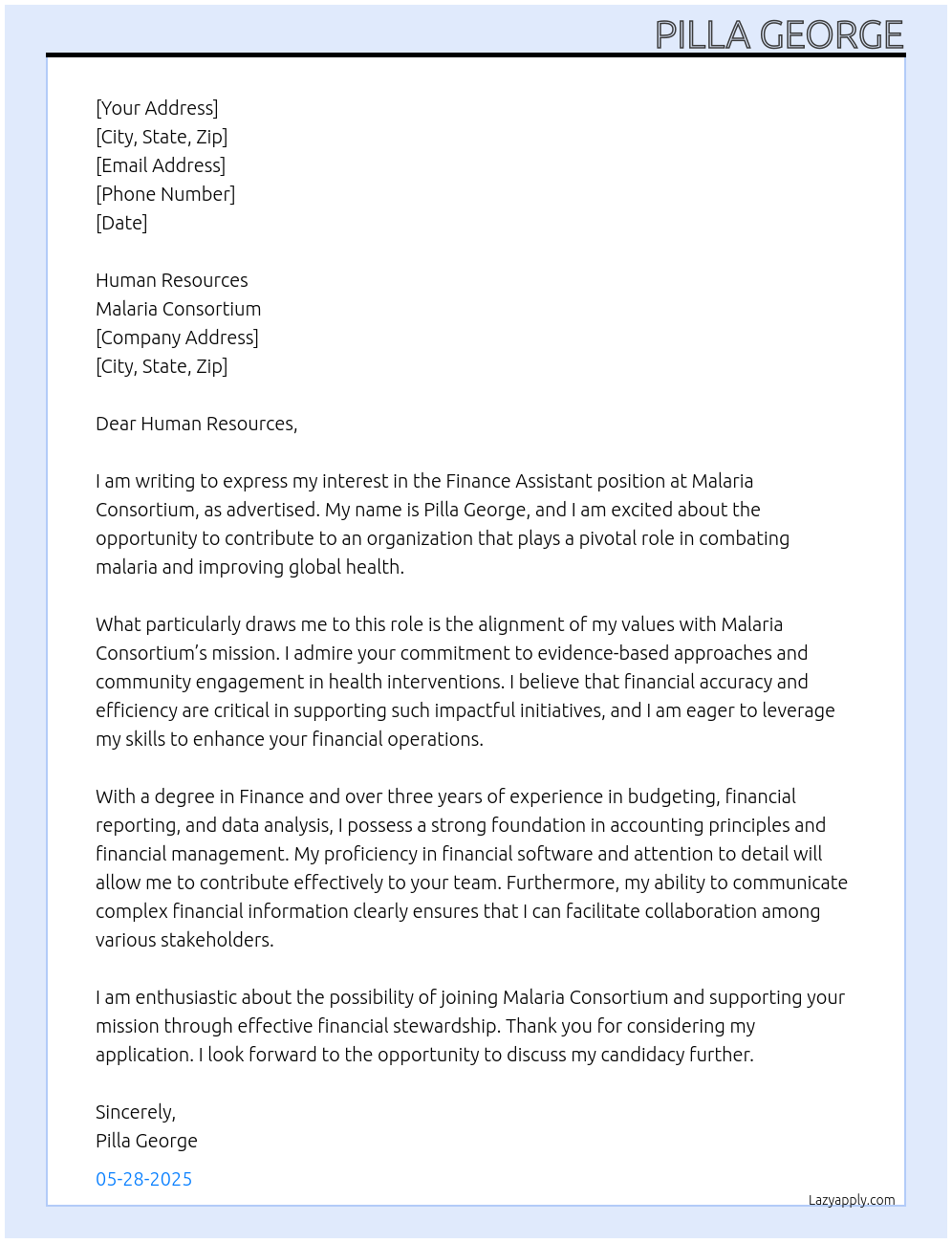 finance assistant At malaria consortium Cover Letter