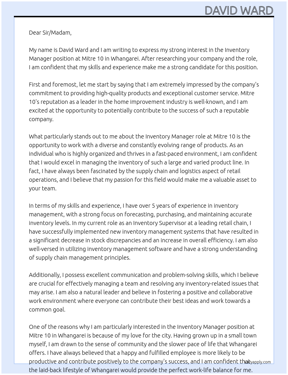 Inventory Manager At Mitre 10 Cover Letter