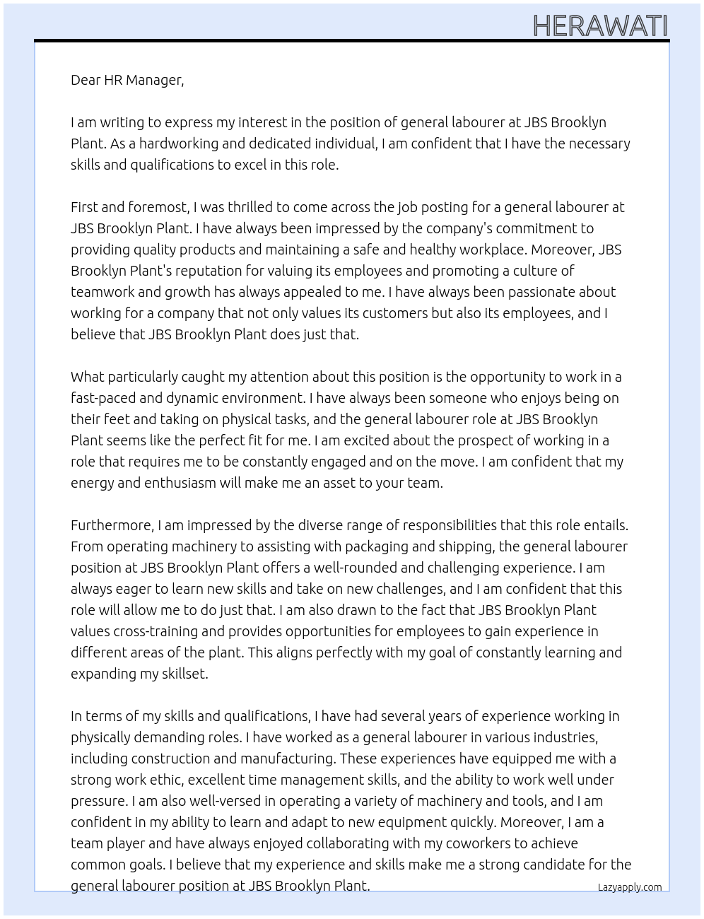 general labourer At JBS Brooklyn Plant Cover Letter