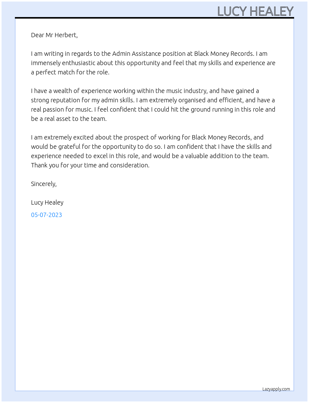 Admin Assistance At Black Money Records Cover Letter