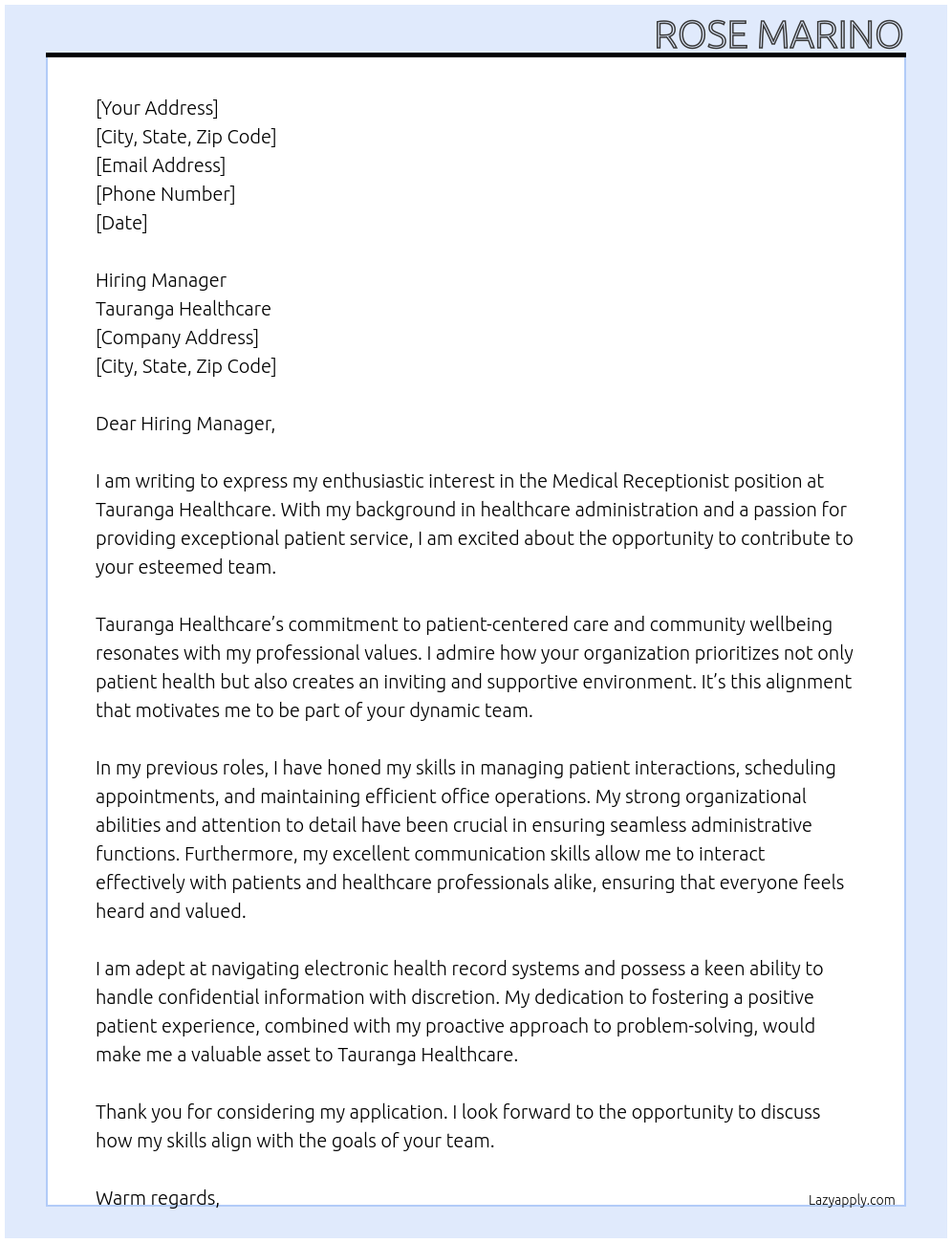 Medical Receptionist At Tauranga Healthcare Cover Letter