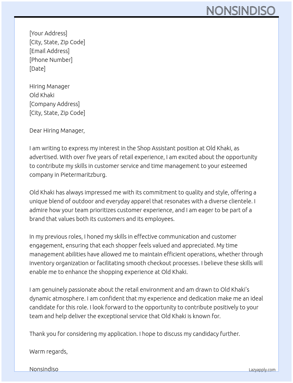 Shop Assistant At Old Khaki Cover Letter