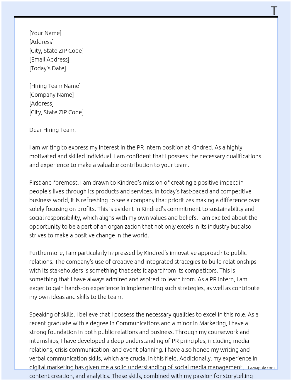 PR Intern At Kindred Cover Letter