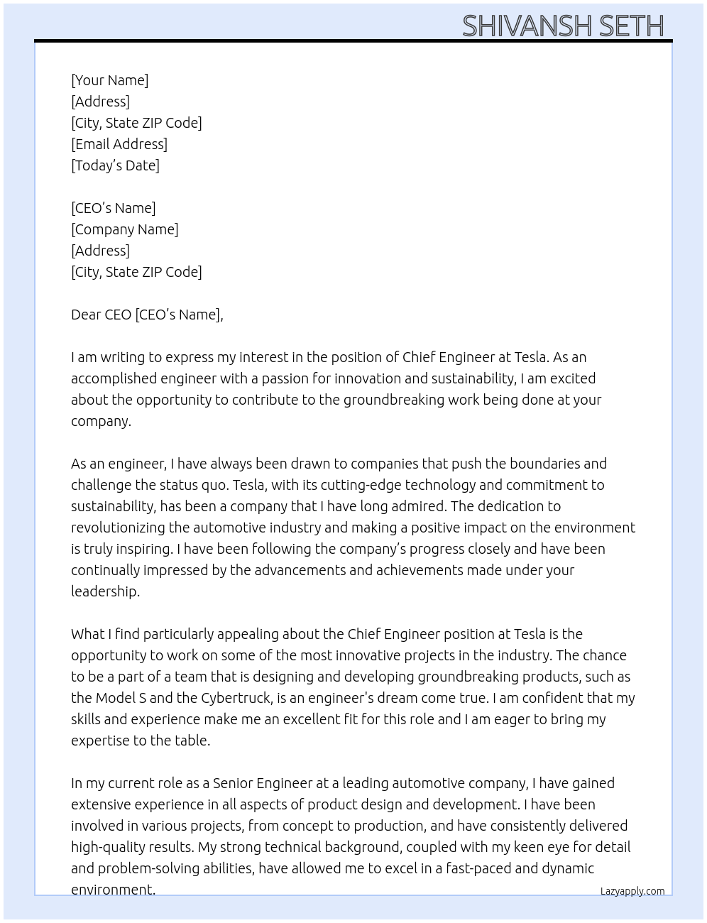 Chief engineer At Tesla Cover Letter