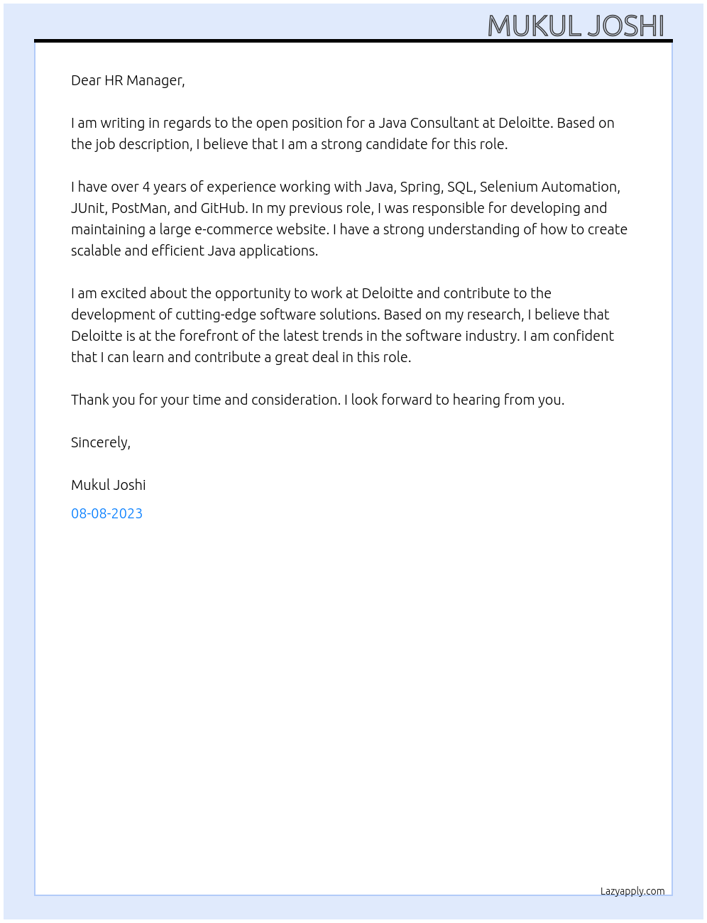 Java Consultant At Deloitte  Cover Letter