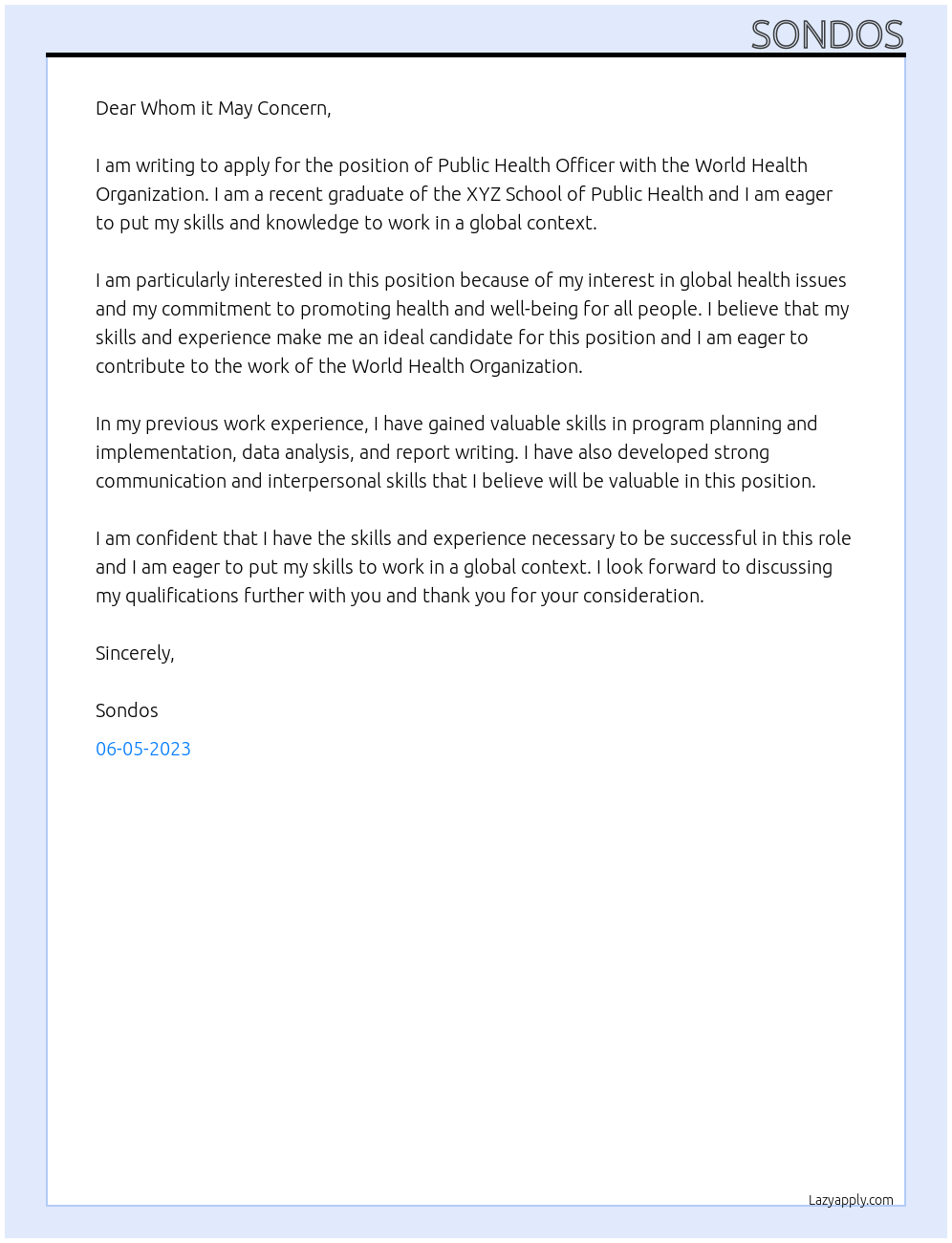 Public Health Officer At World Health Organization Cover Letter