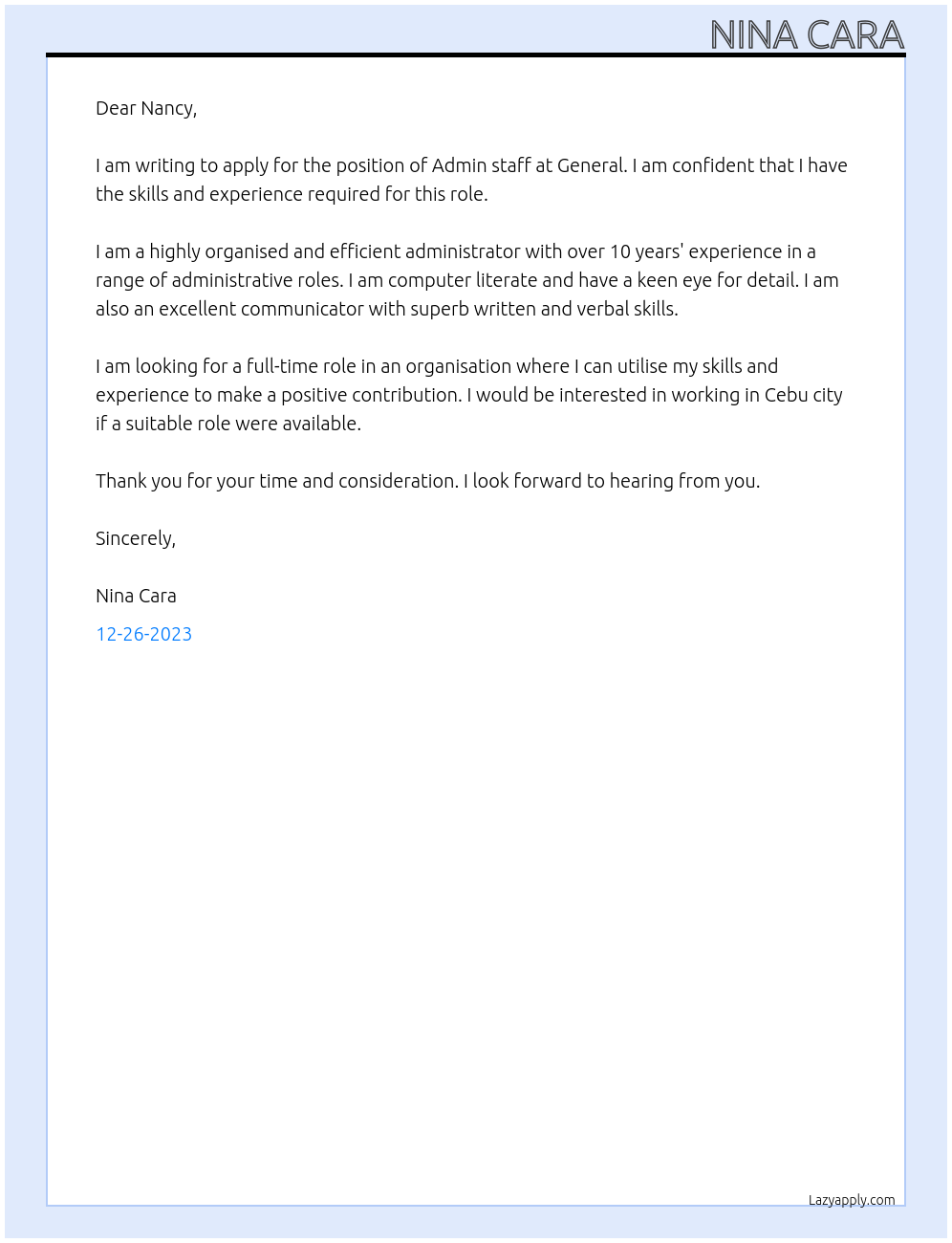 Admin staff At General Cover Letter