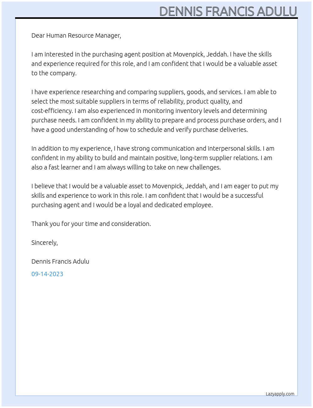 Purchasing agent At Movenpick, Jeddah Cover Letter